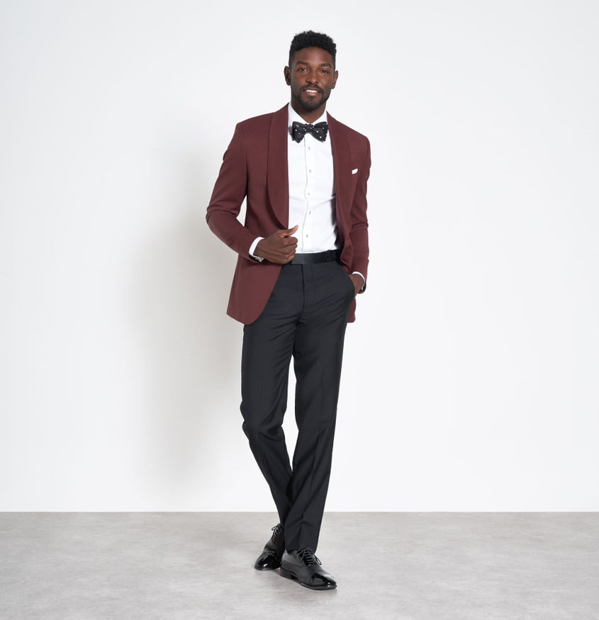 burgundy and black tuxedo jacket